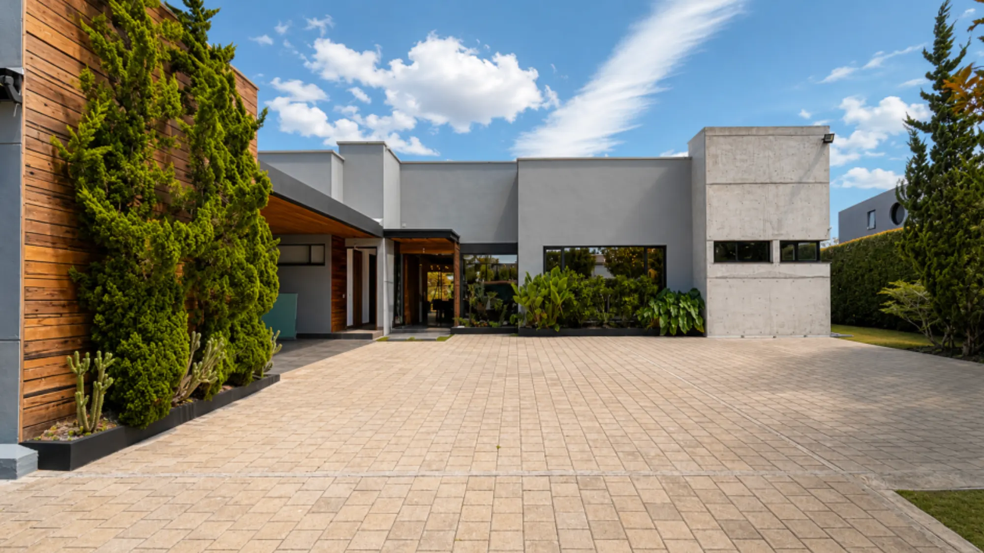 Casa de campo contemporánea con fachada de madera y jardín